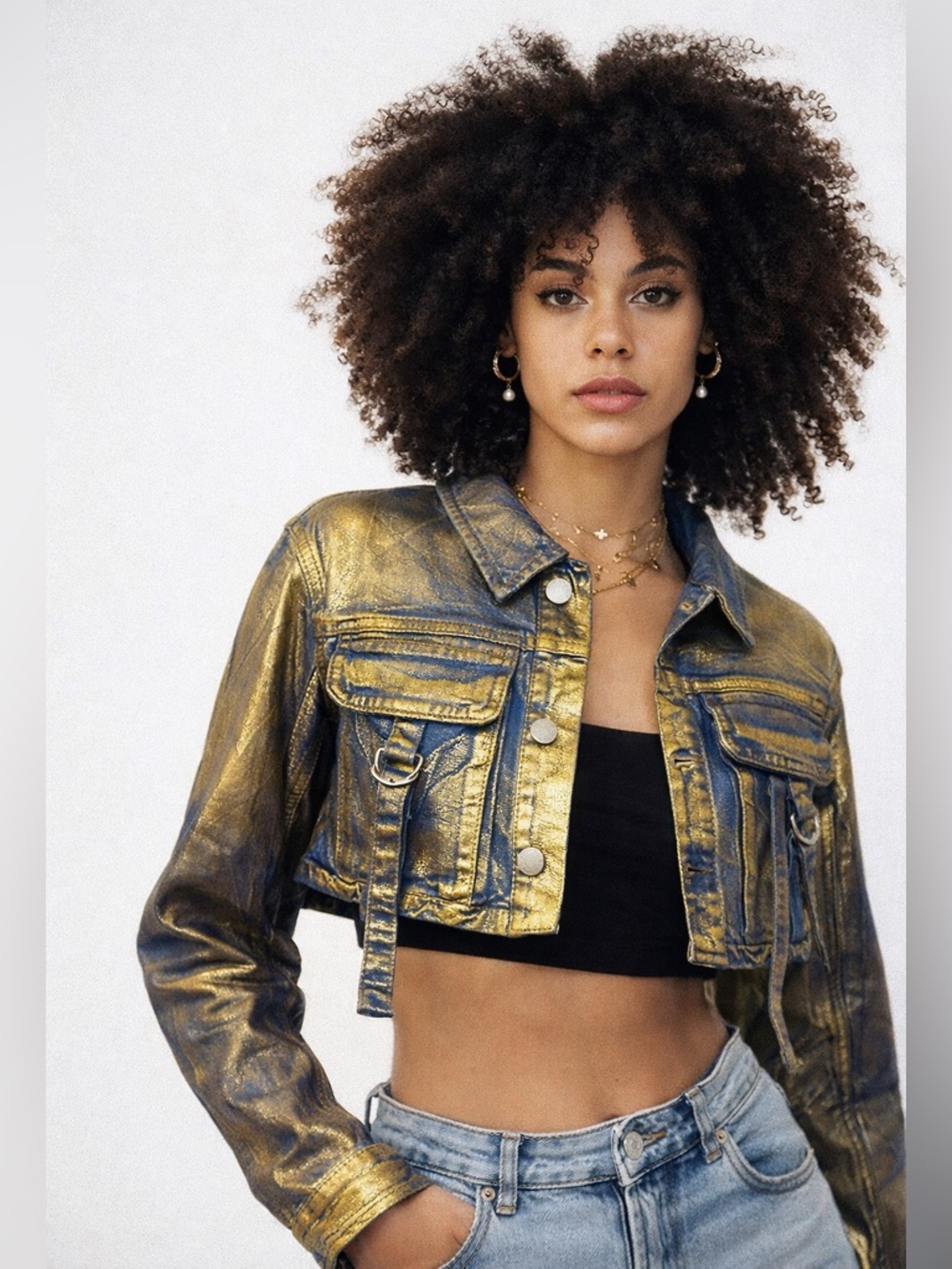 DAISY True Y2K Vintage Cropped Denim Jacket Metallic Foil Gold Blue Size Medium